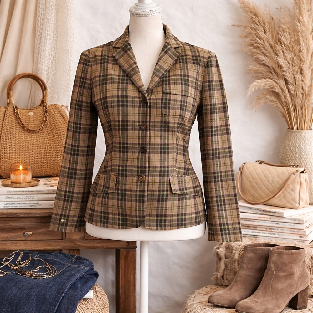 Theory Plaid Blazer Size 4 • Brown Neutral Tailored Jacket